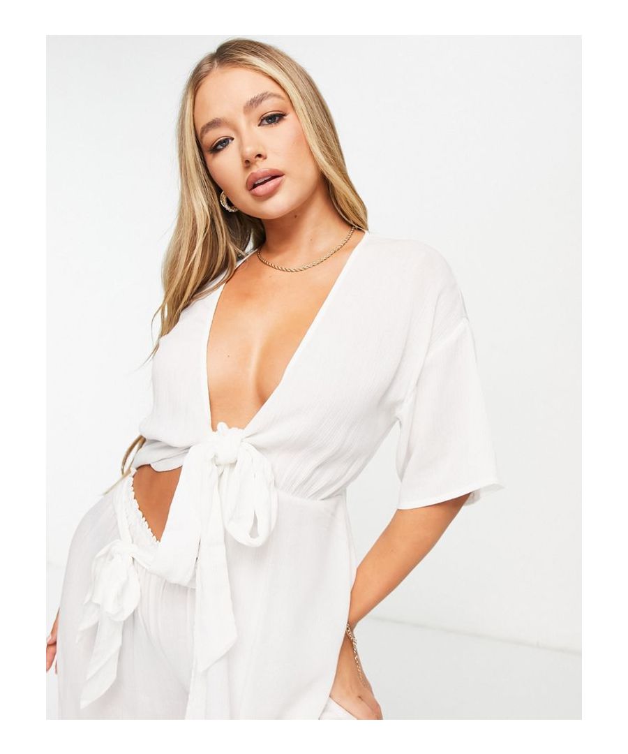 Top by ASOS DESIGN Dreaming of the beach Plunge neck Tie front Short sleeves Regular fit  Sold By: Asos
