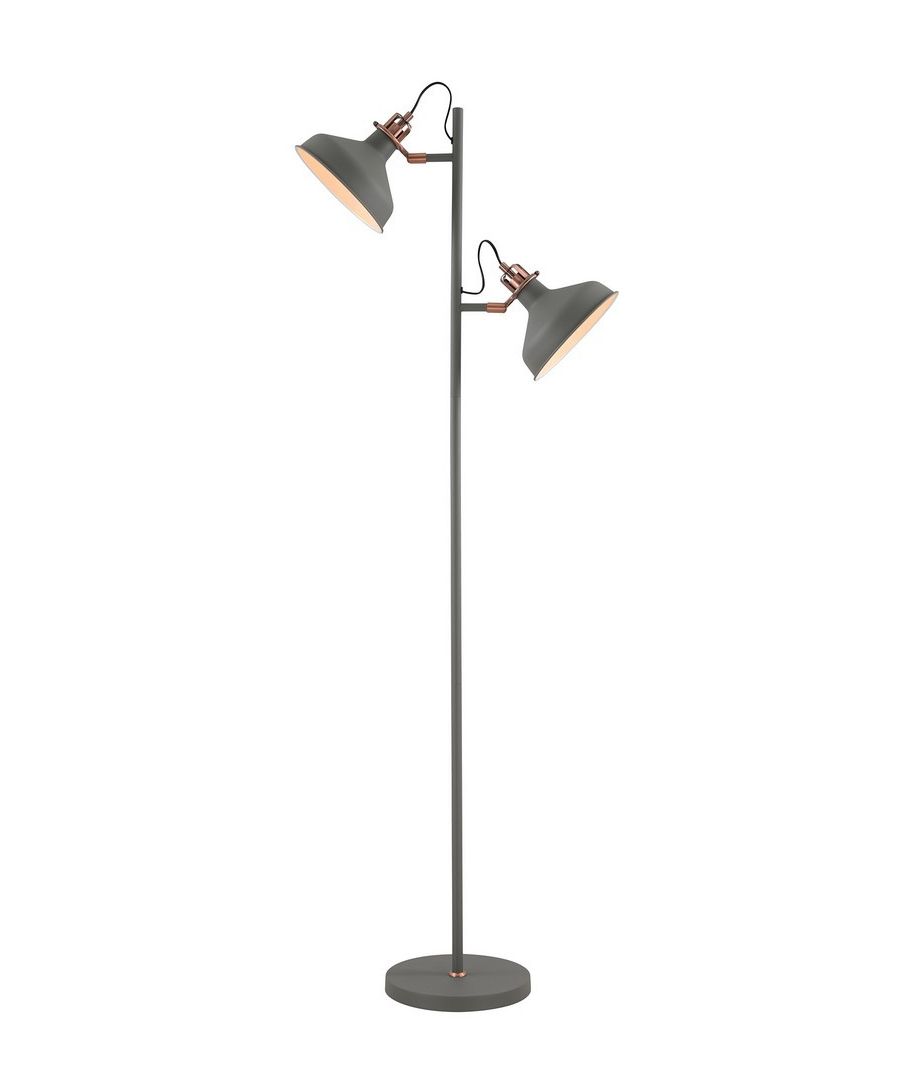 Finish: Sand Grey, Copper | Shade Finish: Sand Grey | IP Rating: IP20 | Height (cm): 155 | Length (cm): 58 | Width (cm): 25 | No. of Lights: 2 | Lamp Type: E27 | Switched: Yes - Foot Switch | Dimmable: Yes - Dimmable Lamps Required | Wattage (max): 40W