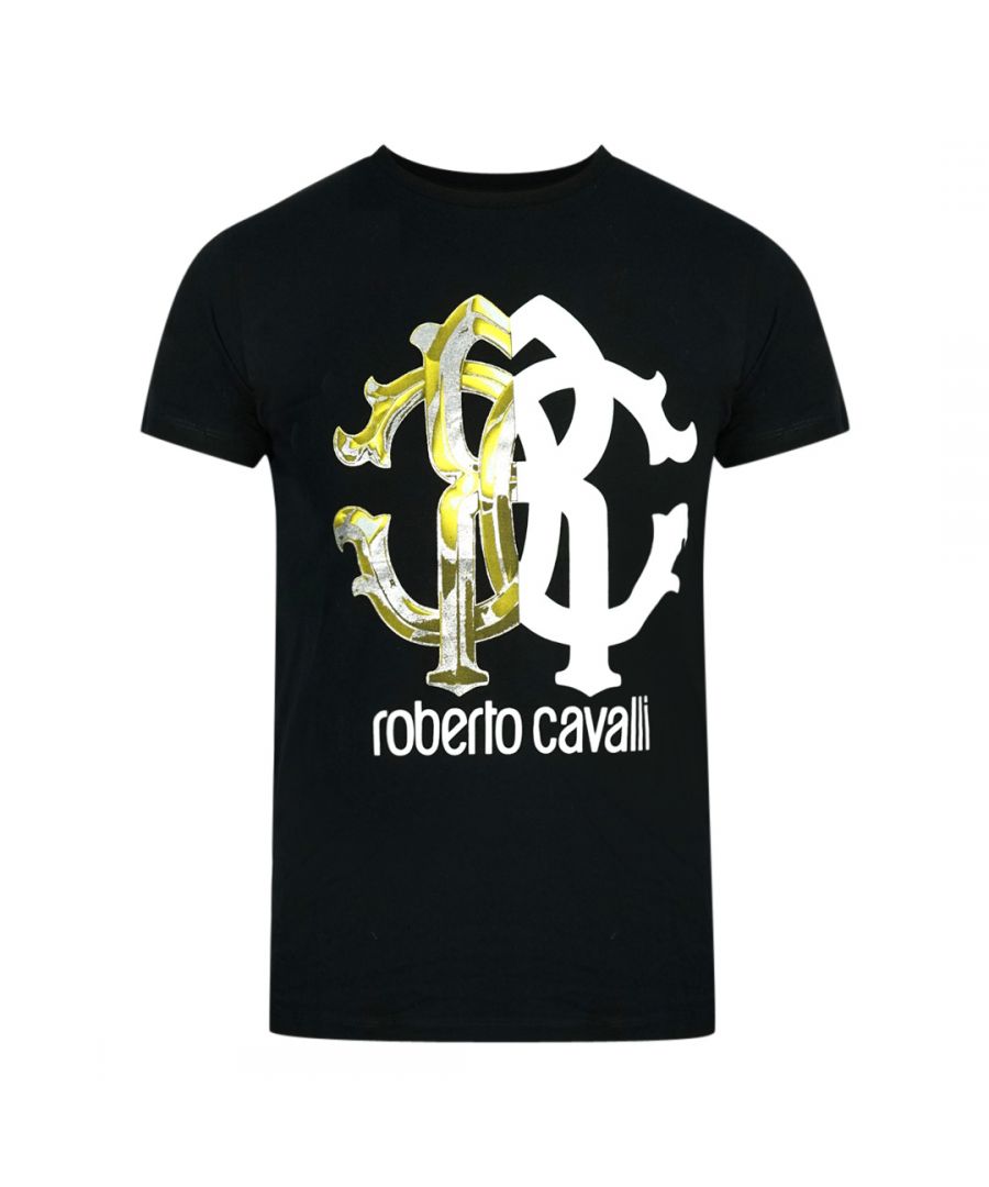 Zwart T-shirt met Roberto Cavalli-logo en monogramprint. Roberto Cavalli zwart T-shirt. 100% katoen. Groot motief op de voorkant van het T-stuk. Ronde hals. Stijl: IST61G JD060 D7121