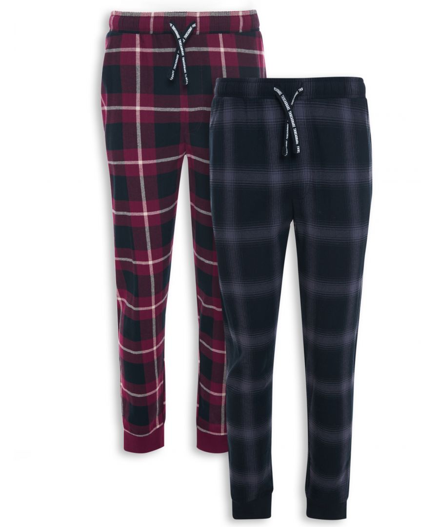 This twin pack from Threadbare comprises of two pairs of long cuffed pyjama pants in a check design with side pockets and ribbed elasticated waistband with a drawstring. Made from a soft cotton fabric to ensure a comfortable feel and easy washing.