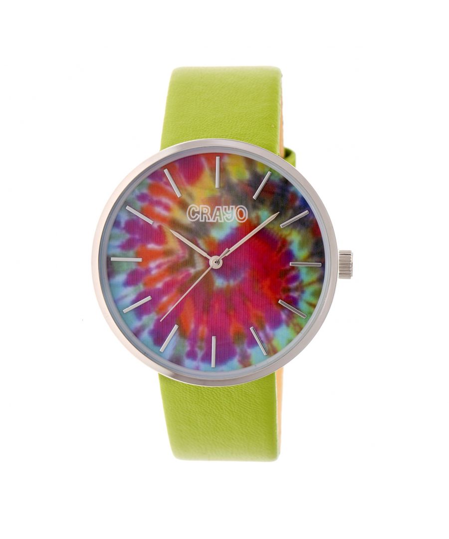 Metal Case; Accurate Japanese Quartz Movement; Non-Glare Scratch-Resistant Mineral Crystal; Custom Tie-Dye Dial; Logo-Engraved Stainless Steel Caseback; Leatherette Strap; Logo-Engraved Stainless Steel Clasp; 42mm Case Diameter; 3ATM Water Resistance;