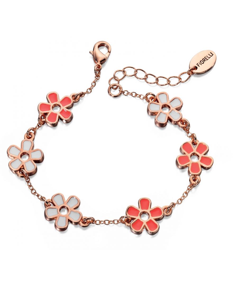 FiorellI Fashion Rose Gold Plated Coral & White Enamel Flower Station Bracelet 19cm + 3cm