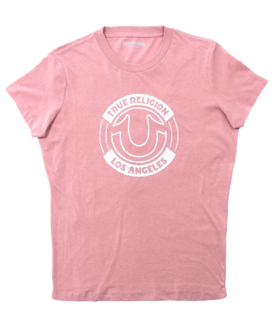 True Religion T-shirt met ronde hals, hoefijzerlogo, en glitters voor dames, roze
