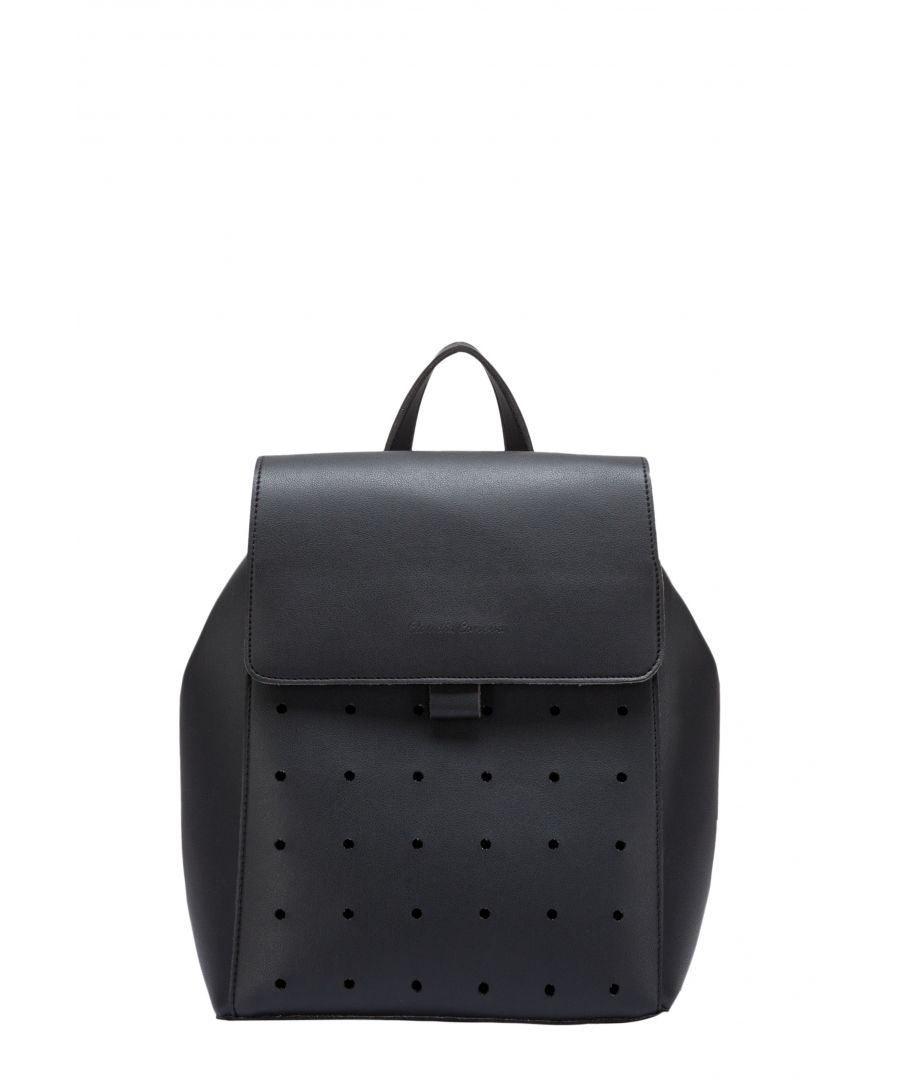 The Dottie Laser Cut Backpack from the Maya collection is contemporary styling, with a retro influence. The simple, yet chic design makes a statement, perfect for adding a feminine and dramatic finish to your look. The inside is pure luxe, with an unlined finish adding a quality feel. Use the snap press studs to change the silhouette of the bag and adjust the backpack straps for your preferred fit. Features: , Smooth PU with laser cut-out detail, Claudia Canova blind debossed logo, Flapover front with mag-dot fastening, Pinched silhouette with two snap press studs on each side, Gunmetal hardware Style Ref: 84514 BLACK