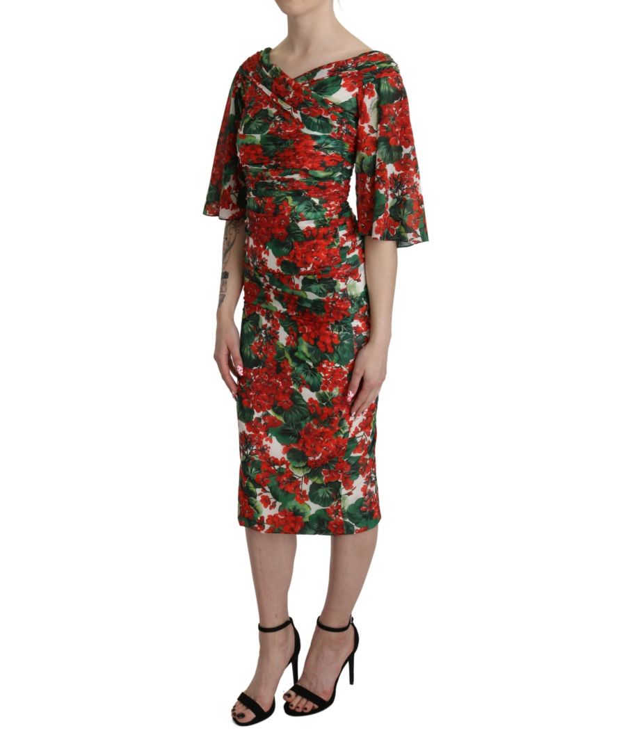 Image for Dolce & Gabbana Red Floral Sheath Midi Silk Stretch Dress