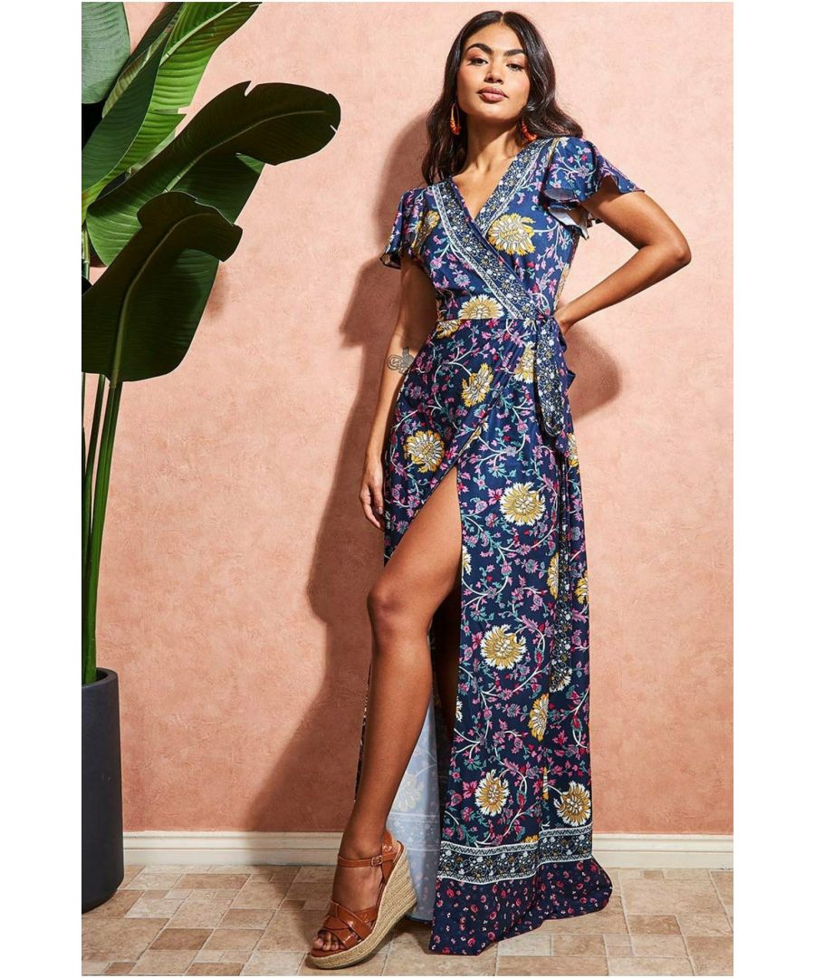 Goddiva Womens Floral Print Maxi With Flutter Sleeves - Navy - Size 8 UK