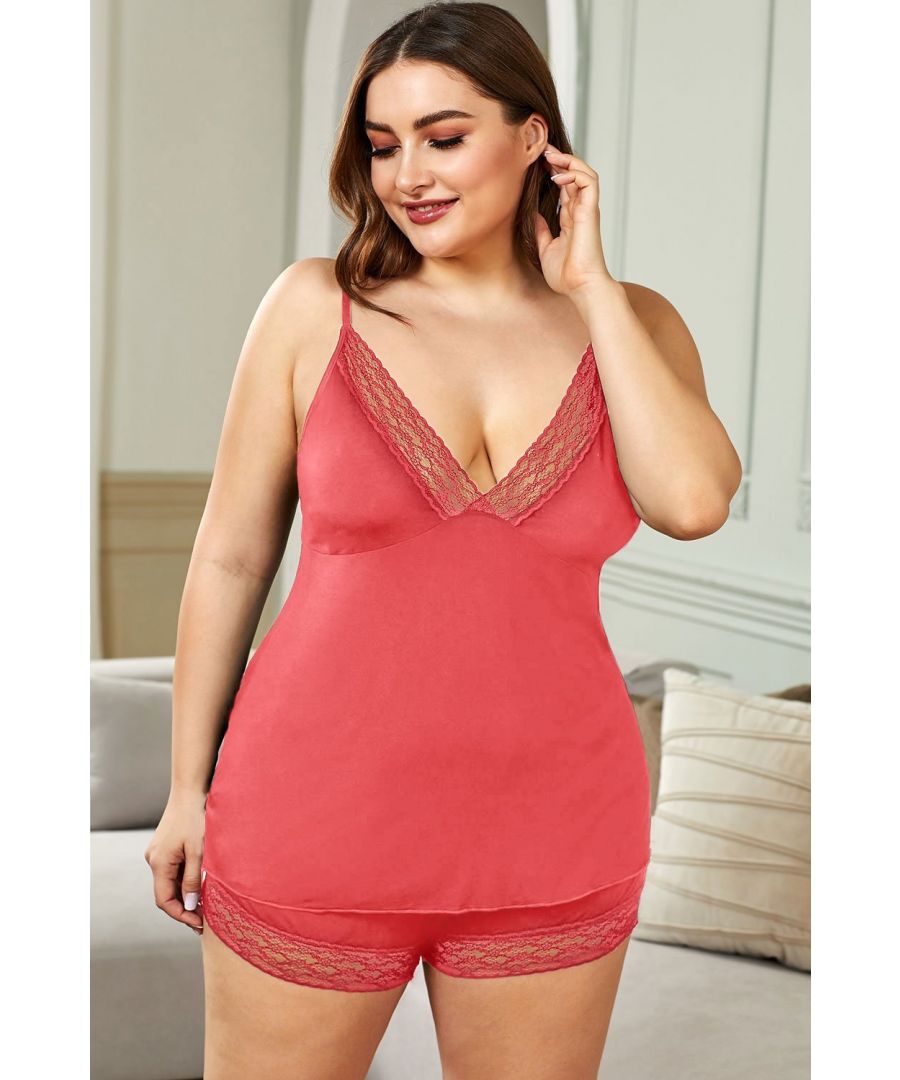 – Delicate lace trim and sultry cutouts adorn.\n– Alluring plus size camisole top and matching bottom.\n– Keep it stylish and cute in the bedroom.\n– Top features satin adjustable straps and crossover neckline.\n– Short features lace trim at hem and satin drawstring closure at elasticized waistband.\n– There are sexy plus size lingerie with colors and sizes available.\n. .\n.\nSize Chart (CM).\nSizes.\tBust.\tLength.\tHem_Width.\tTrousers_Waist.\tOutseam.\n\tRelax.\tRelax.\tRelax.\tRelax.\tRelax.\n1X.\t98.\t60.5.\t128.\t84.\t32.\n2X.\t105.\t62.\t135.\t91.\t33.\n3X.\t112.\t63.5.\t142.\t98.\t34.\n4X.\t119.\t65.\t149.\t105.\t35.\n5X.\t126.\t66.5.\t156.\t112.\t36.\nElasticity.\tMedium.\nSize Chart (INCH).\nSizes.\tBust.\tLength.\tHem_Width.\tTrousers_Waist.\tOutseam.\n\tRelax.\tRelax.\tRelax.\tRelax.\tRelax.\n1X.\t38.6.\t23.8.\t50.4.\t33.1.\t12.6.\n2X.\t41.3.\t24.4.\t53.1.\t35.8.\t13.0.\n3X.\t44.1.\t25.0.\t55.9.\t38.6.\t13.4.\n4X.\t46.9.\t25.6.\t58.7.\t41.3.\t13.8.\n5X.\t49.6.\t26.2.\t61.4.\t44.1.\t14.2.\nElasticity.\tMedium.\n\nNote:. 1.There maybe 1-2 cm deviation in different sizes, locations and stretch of fabrics. Size chart is for reference only, there may be a little difference with what you get.. 2.There are 3 kinds of elasticity: High Elasticity (two-sided stretched), Medium Elasticity (one-sided stretched) and Nonelastic (can not stretched ).. 3.Color may be lighter or darker due to the different PC display.. 4.Wash it by hand in 30-degree water, hang to dry in shade, prohibit bleaching.. 5.There maybe a slightly difference on detail and pattern..