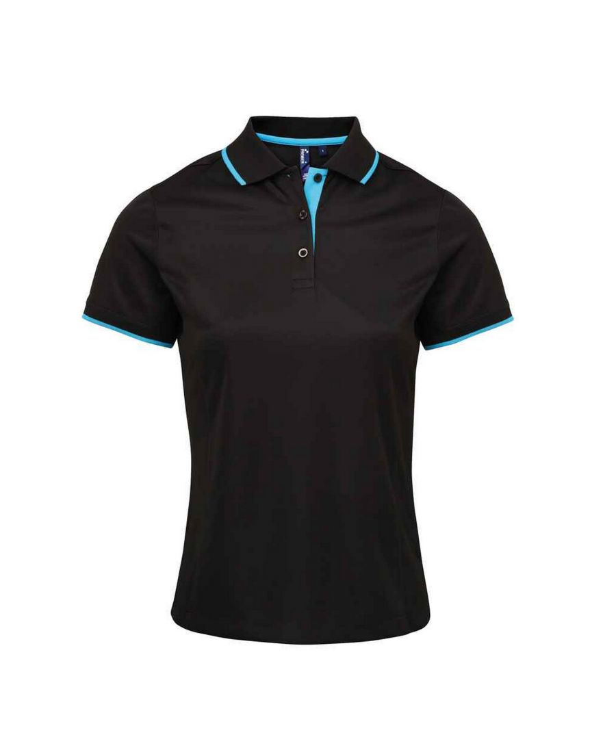 Premier Womens/Ladies Coolchecker Contrast Pique Polo Shirt (Black/Turquoise) - Black/Blue - Size Medium