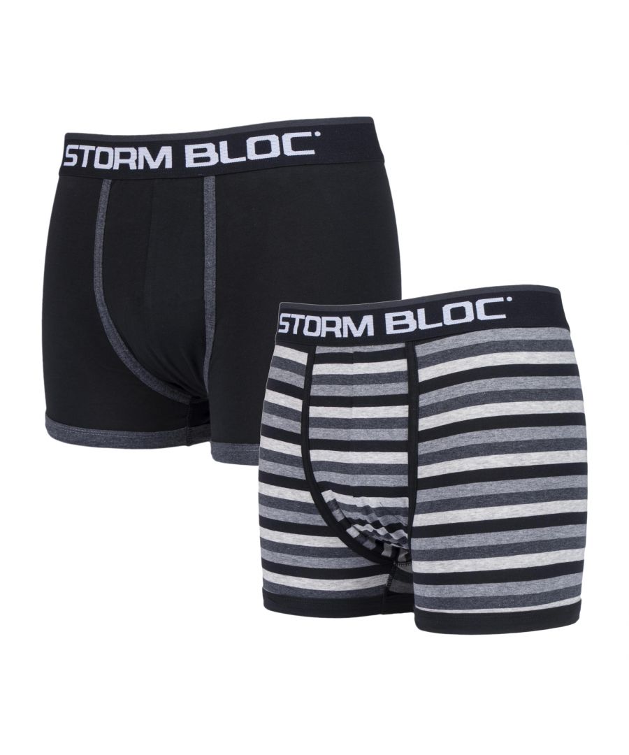 Storm Bloc Cotton Rich Trunks  Stylish, comfortable, fitting and available in a range of colours and designs; these Storm Bloc fitted trunks are perfect for every day.  These trunks are made from 95% Cotton, to add comfort and breathability of the material. The 5% Elastane is there to add stretch to the material for a pair of fitted sports trunks. They also have a soft, brushed waistband, which also is tagless, so you can be assured you will not have the irritation from a care label.  These Storm Bloc Fitted Trunks are available in 16 colours and 3 different patterns. They are sold in two pair packs, each containing 2 different colours. They are available in Sizes S, M, L, XL and are made from 95% Cotton, 5% Elastane. They are machine washable.  Extra Product Details  - Storm Bloc - Sizes S, M, L, XL - 2 Pairs - Cotton rich - Brushed waistband - Tagless care label - 16 colours available - 95% Cotton, 5% Elastane - Machine Washable