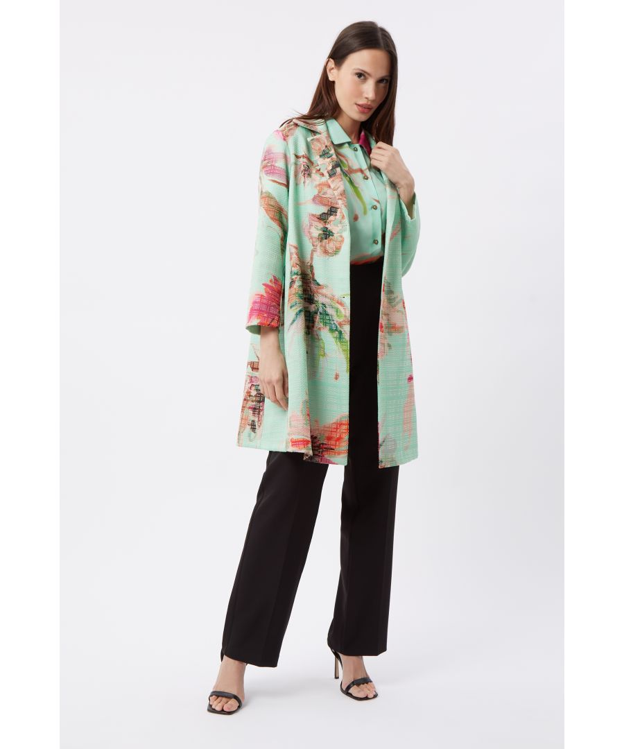 Constructed a lightweight jacquard fabrication featuring a pale green floral print, finished with a three quarter sleeve, lapel collar and button fastening. The perfect coat to wear for a Summer wedding, or to throw on for a smart evening look.