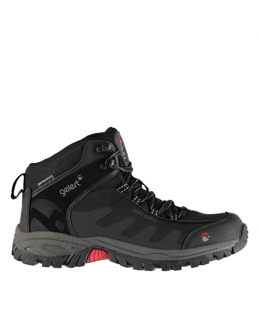 Gelert Softshell Mid Mens Walking Boots The Gelert Softshell Walking Boots benefit from a waterproof and breathable lining making these suitable for all weather hiking, with a softshell construction allowing for complete flexibility and comfortable fit. > Mens walking boots > Waterproof / breathable > Lace-up > Mid cut padded ankle > Softshell construction > Phylon midsole > Moulded rubber outsole > Textile / synthetic upper, Textile inner, Synthetic sole