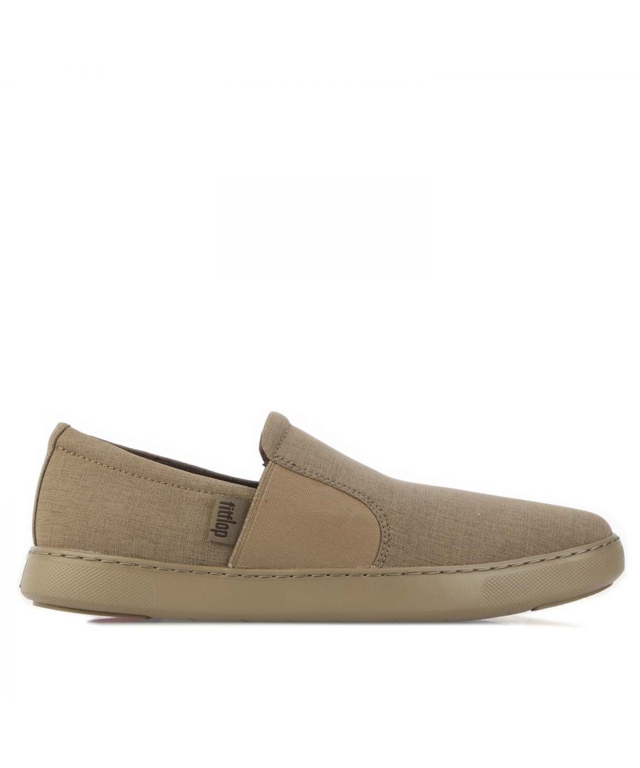 Mens Fit Flop Collins Soft Canvas Slip On Loafers in brown.- Canvas upper.- Slip-on construction.- Dual side elastic stretch panels.- Anatomicush Midsole - Ultra-Flexible  superlight cushioning for athleisure.- Fitflop signature branding.- Slip-Resistant Rubber Outsole. - Ref:W71326