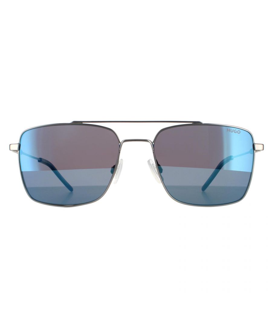 Hugo by Hugo Boss Square Mens Matte Ruthenium Blue Sky Mirror Sunglasses Hugo by Hugo Boss have a super lightweight metal wire frame with a double bridge, adjustable nose pads and plastic temple tips for a comfortable fit.