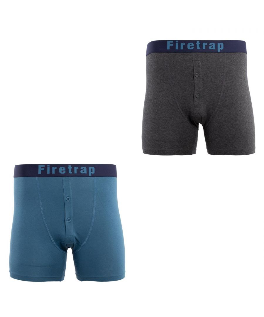 Firetrap 2 Pack Boxers - Refresh your underwear selection with these Firetrap 2 pack boxers. Constructed from a soft cotton-stretch blend along with an elasticated waistband for a secure and comfortable fit, these boxers boast a two button fly for ease of use. Firetrap branding completes the look.  > Boxers > 2 Pack > Elasticated Waistband > 2 Button Fly > Comfortable Fit > Soft construction > Firetrap Branding > 95% Cotton / 5% Lycra elastane > Machine Washable > Keep Away From Fire