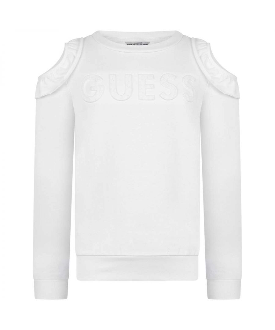 Guess girls sweatshirt in a white hue with a round neckline, off the shoulder cuffs and the embossed logo applique on the front.\n                \n                Made in China