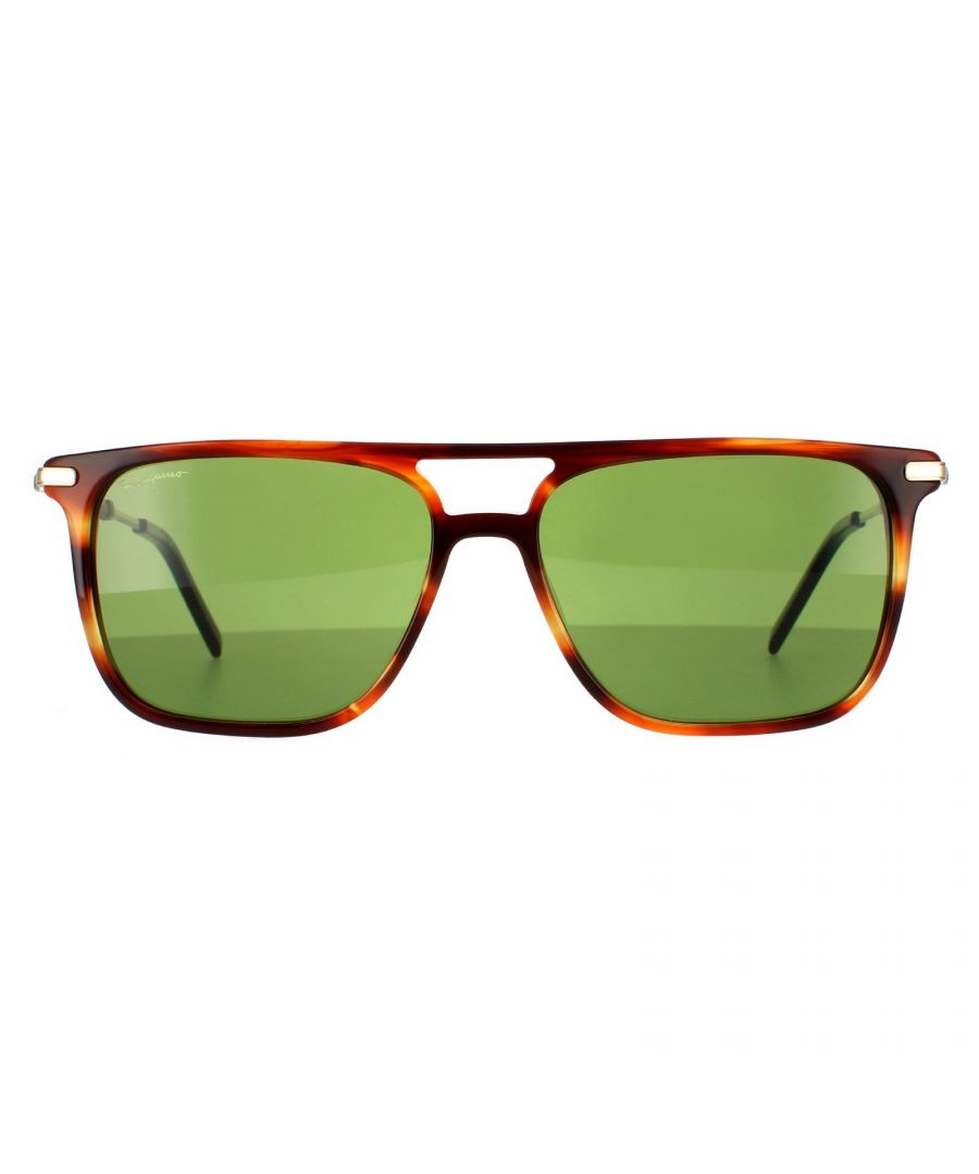 Salvatore Ferragamo Square Mens Striped Brown Solid Green Sunglasses SF966S are a stylish square style crafted from premium acetate. They feature a thin metal bridge above the nose for a nice design touch. The Salvatore Ferragamo logo on the temple tips adds authenticity