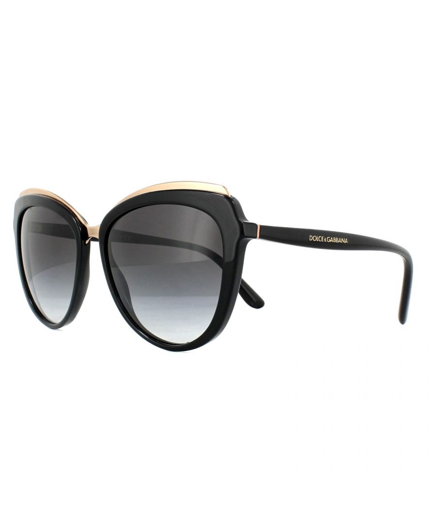 Dolce & Gabbana Sunglasses DG4304 501/8G Black Grey Gradient feature a polished metal bridge that then continues above the rims to accentuate the cat's eye and to give a lovely contrasting finish to these cool acetate frames