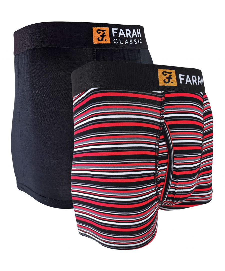 Farah 2 Pack Striped Bamboo TrunksIf you're looking for comfort, these Bamboo Trunks are perfect for you. With its striped design and different colours, you'll never get bored from wearing these Bamboo Trunks.Made from natural Bamboo materials, these trunks will feel soft and lightweight. The keyhole fly allows easy access and conveniently, these trunks are tagless! The trunks are available in sizes S- 2XL UK and are available in different colours. These trunks come in a pack of 2 trunks. They are made from 95% Viscose from Bamboo, 5% Elastane.Extra Product DetailsMens Striped Bamboo TrunksKeyhole FlyTagless Care LabelSoft Brushed Waistband Natural Bamboo Materials2 Pack