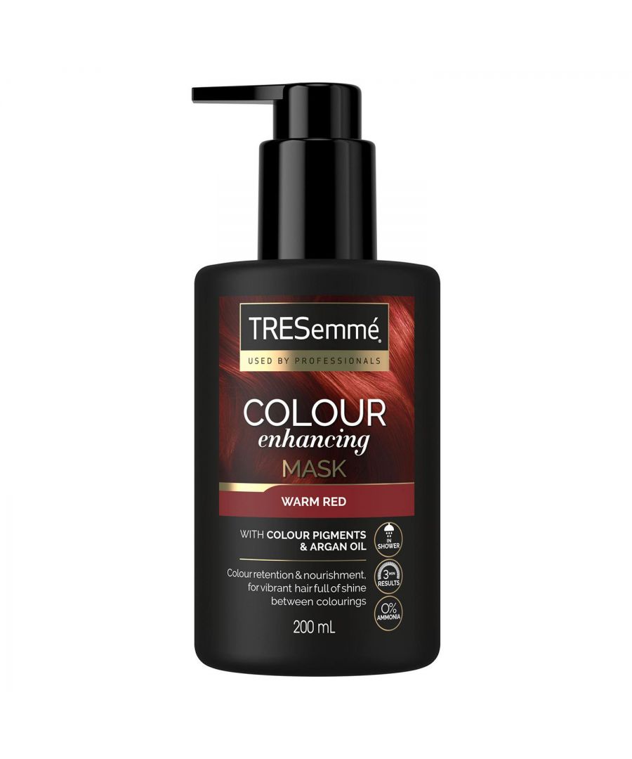 Tresemme Warm Red Colour Enhancing Hair Mask is the solution for keeping your hair colour looking beautiful in-between visits to the salon. Suitable for natural or dyed hair, highlights, balayage and ombre, our professional-quality formula with effective colour pigments reduces brassy and yellow tones refreshing your colour without damaging hair. The colour pigments adhere to the surface of the hair instead of producing a chemical reaction in the core. In just a few minutes, this nourishing mask, enriched with a UV filter and argan oil, provides a vibrant colour boost and a glossy shine in between colourings or salon visits. This hair mask, made with no ammonia or peroxide, is suitable for daily use and meant to be used on the same hair tone to enhance it. The effect remains visible for 2 to 3 washes.\n\nHow to use: Wash your hair with your favourite Tresemme shampoo. Evenly distribute the mask on damp hair focusing on mid-lengths to tips. Leave in for 3 to 5 minutes then rinse thoroughly. For more intense colour conditioning, leave in for up to 15 minutes. The result obtained after usage depends on your original hair colour and the condition of your hair. With this colouring mask, it is not possible to colour your hair lighter than your original colour. Does not give grey coverage. Tresemme delivers professional-quality and trend-inspired products that care for your hair.\n\nFeatures\nTresemme Warm Red Colour Enhancing Hair Mask helps retain colour and provides nourishment for vibrant hair that’s full of shine between colourings\nSuitable for natural and coloured hair, this colouring mask reduces brassy and yellow tones refreshing your Warm Red colour without damaging hair\nSuitable for daily use: After shampooing, apply the hair mask evenly on damp hair focusing on mid-lengths to tips; leave in for 3-5 mins then rinse thoroughly