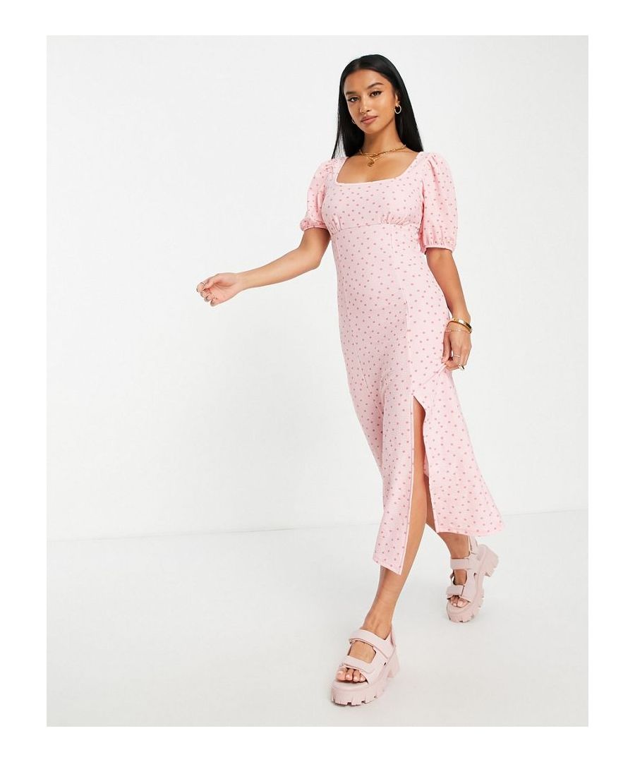 Midi dress by Miss Selfridge Love at first scroll Square neck Puff sleeves Thigh split Slim fit Sold by Asos