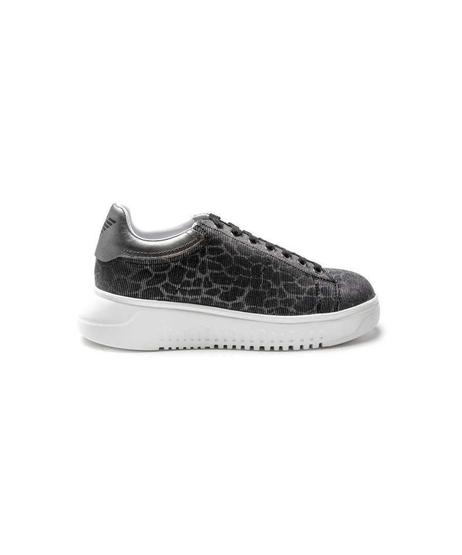 Women's Black And White Emporio Armani Flatform Low Cup Sole Lace-up Trainers With Synthetic Animal Print Upper And Contrast Heel Branding. These Ladies' Chunky Sneakers Have A Synthetic Upper, Textile Lining And Sock And Thick Rubber Sole.