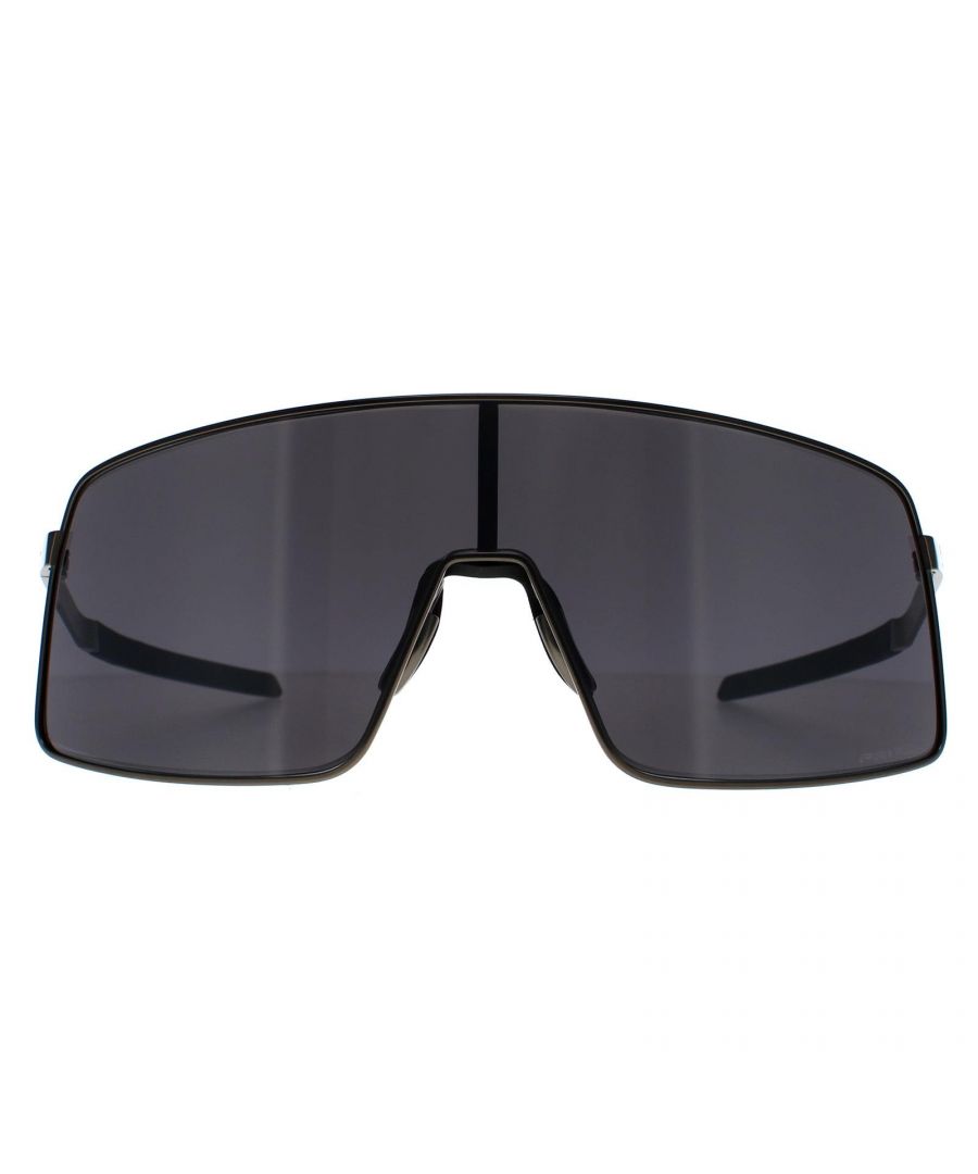 Oakley Shield Mens Matte Gunmetal Prizm Black  Sutro TI  Sunglasses are a stylish and functional accessory that will keep you looking and feeling great all day long. With a bold and modern design, these sunglasses are sure to turn heads wherever you go. The frames are made from lightweight and durable O-Matter material, which provides a comfortable and secure fit for extended wear.  These sunglasses also feature Oakley's patented Three-Point Fit, which ensures that the frames only touch your head at the bridge of your nose and behind your ears. This reduces pressure points and ensures a comfortable fit for all-day wear. Unobtainium earsocks and nosepads ensure a secure and comfortable fit even during sweaty activities.