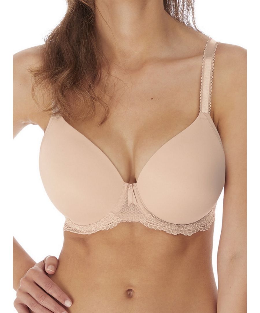 Add a touch of luxury to your everyday lingerie with the Expression range from Freya. This demi plunge bra features moulded cups and underwiring for a natural cleavage without a push up effect. The lace on the underneath of the cup and central bow adds for a feminine feel. This bra features hook and eye fastening and adjustable straps for the perfect fit. Perfect for everyday wear.