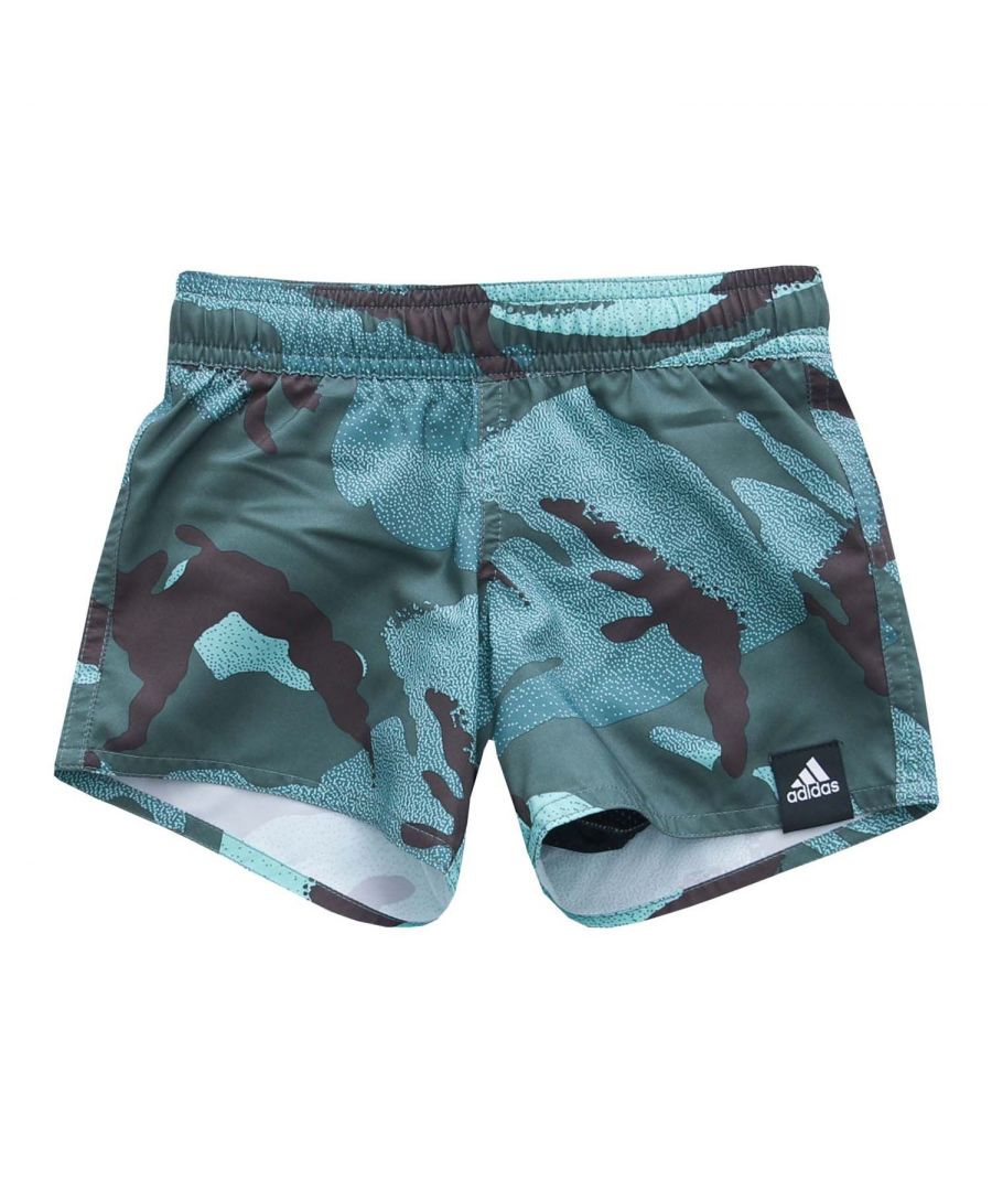 Infant Boys adidas Camouflage Swim Shorts in green.- Elasticated waist with inner drawcord.- Mesh inner brief.- Woven tab branding.- Shell: 100% Polyester (Recycled). Inner Brief: 100% Polyester (Recycled). - Ref: GN5894I