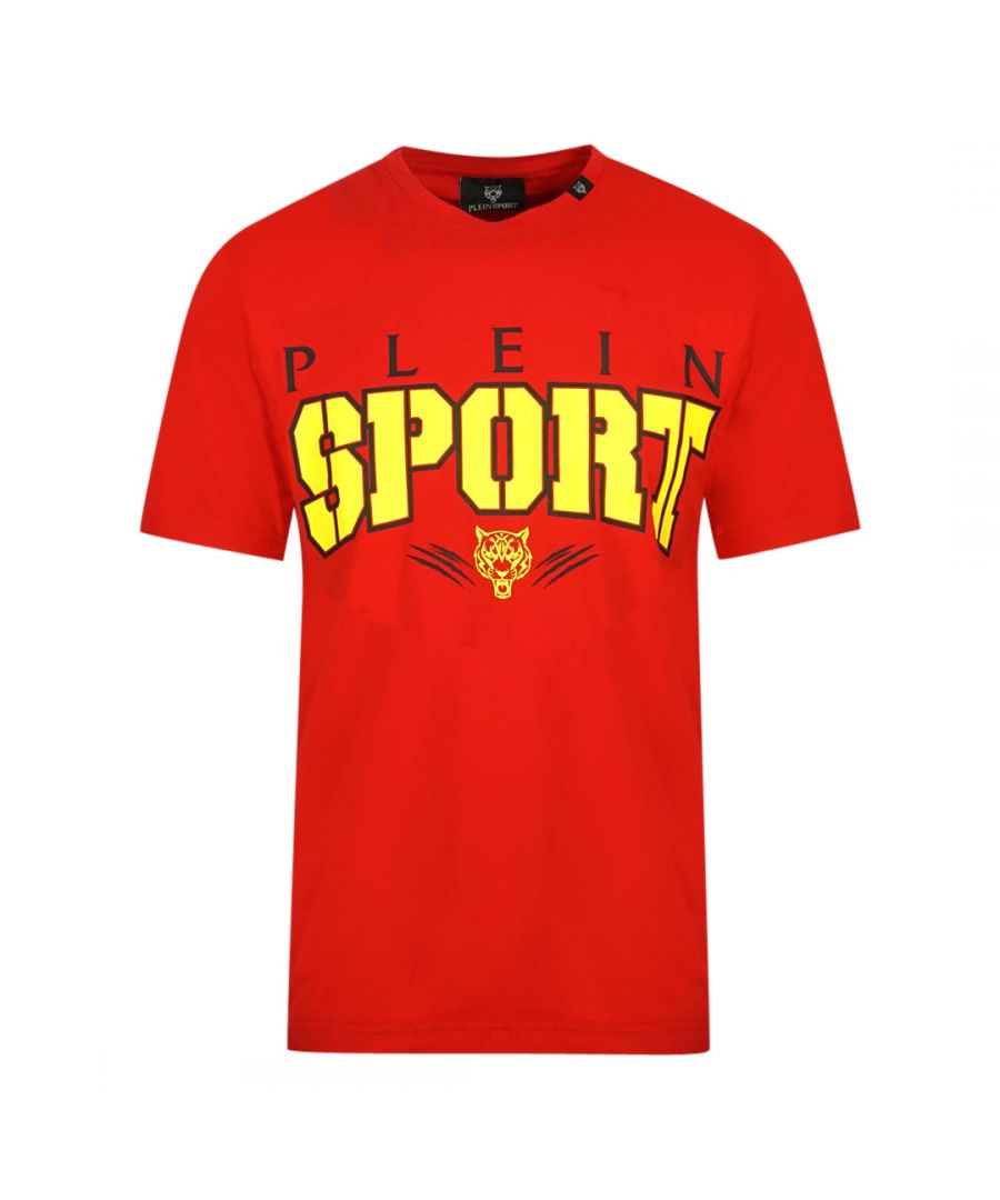 Plein Sport Bold Sport-logo rood T-shirt. Philipp Plein sport rood T-shirt. Normale pasvorm, valt normaal qua maat. Plein Sport-merklogo. 100% katoen. Stijlcode: TIPS1103 52