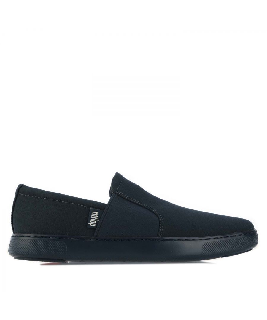 Mens Fit Flop Collins Soft Canvas Slip On Loafers in navy.- Textured and durable textile upper.- Slip-on construction.- Flex lines cut across the bottom let your foot move more freely.- Anatomically contoured footbed increases foot-to-midsole contact.- Fitflop signature branding.- Superlight flexible cushioning.- Lightweight  hardwearing  slip-resistant rubber pods front and back. - Ref:W71399