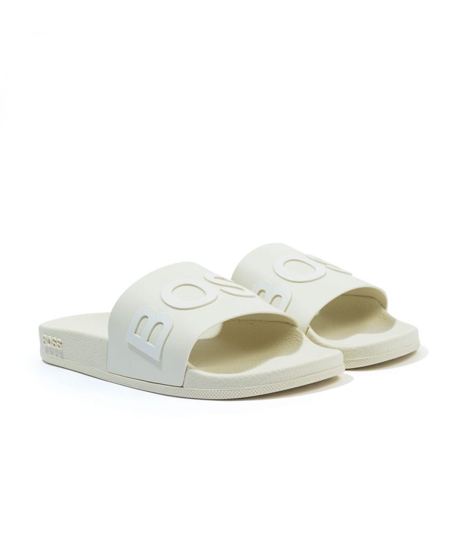 The Bay Contrast Logo Slides from BOSS are a wardrobe staple for anyone. Featuring an ergonomically designed footbed for optimum comfort. Easy to wear, finished with the iconic BOSS logo contrast embossed across the strap. Synthetic Rubber Composition, Ergonomic Designed Footbed, Non Slip Sole, Made in Italy, BOSS Branding.