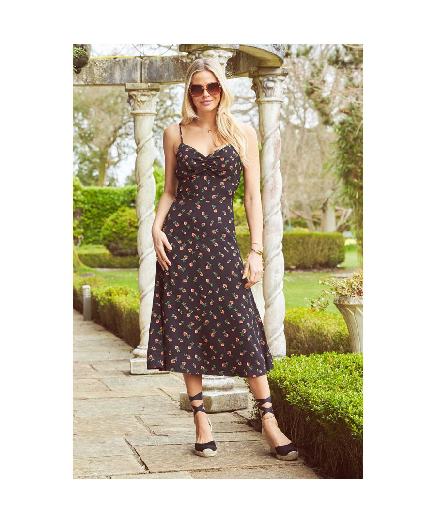 REASONS TO BUY: Summer, we're ready for you…Classic cami strap sundressFlattering ruched V-neckChic midi hemForever on-trend floralsWear with wedges and a denim jacket or layer it over a tee