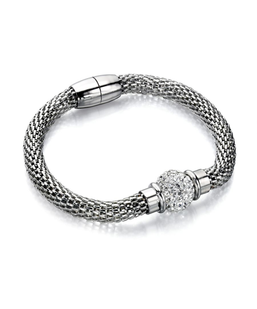 Fiorelli Fashion Imitation Rhodium Plated Clear Crystal Bead & Mesh Chain Bracelet 20cm<li>Design: Imitation Rhodium Plated Clear Crystal Bead & Mesh Chain Bracelet 20cm<li>Composition: Made of stainless steel with imitation rhodium plating with a modern polished finish. Features clear chinese crystal stones.<li>Item weight: 14.5g<li>Fitting: This bracelet is 20cm in length and features a secure magnetic clasp.<li>Packaging: This item comes complete with a branded presentation pouch and pillow p