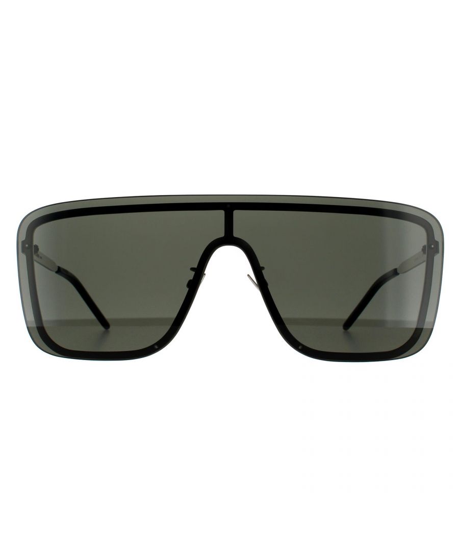 Saint Laurent Shield Unisex Silver  Grey Sunglasses Saint Laurent are an oversized shield style with one large flat square shaped lens. Adjustable nose pads and plastic temple tips ensure comfort and the flat metal temples are engraved with the Saint Laurent logo.