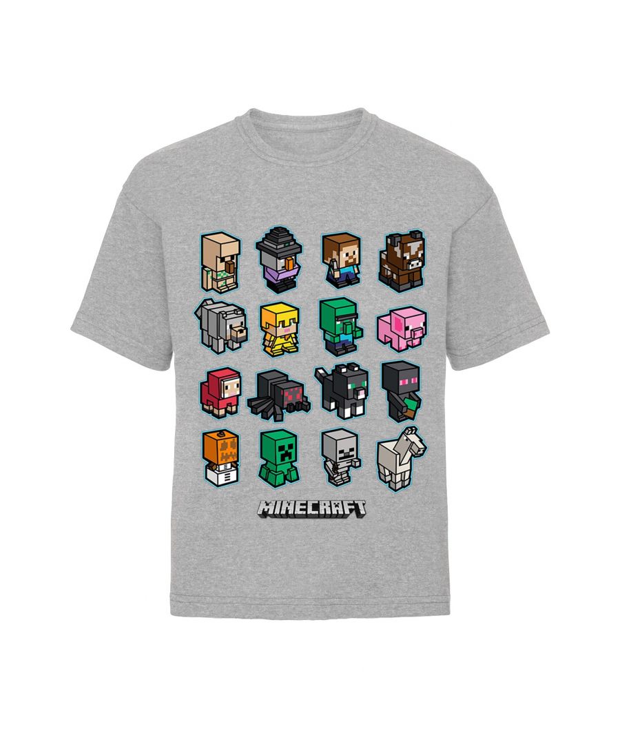 Official Minecraft kids t-shirt with print block graphic of characters from Minecraft. Short sleeve. Machine washable. Materials: 97% cotton, 3% polyester. Please Note: Unisex Product, Label May State The Opposite Sex