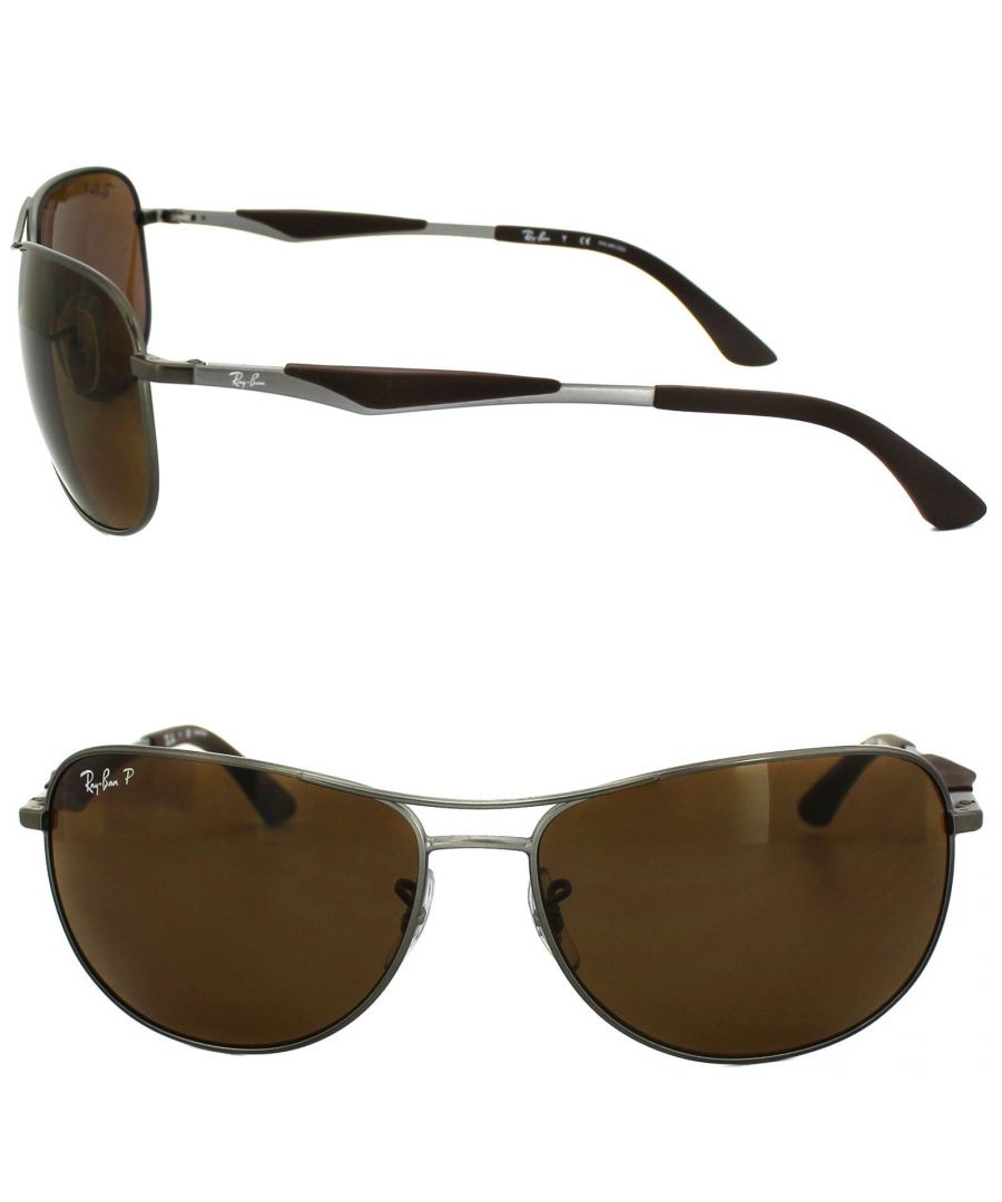 Ray-Ban Sunglasses 3519 029/83 Gunmetal Brown Polarized are a superb modern aviator shape with a really curved downwards bridge and thin metal frame. Textural detailing has been added to the arms for colour accents and added interest