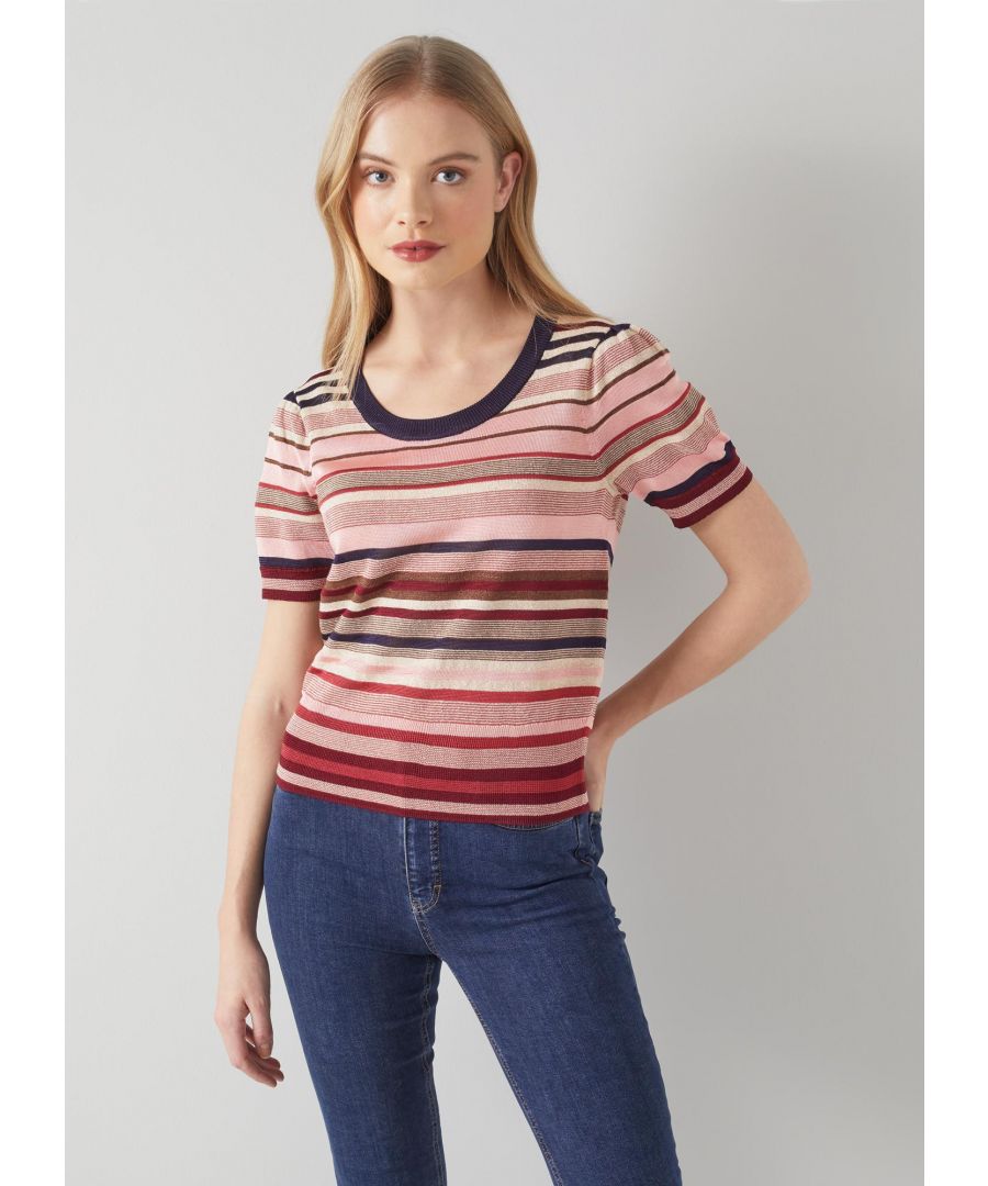 A pretty spring knit with a hint of sparkle, our Lillian knitted top will sing on sun-filled spring days. Crafted from a pink, red and navy stripe lurex thread fabric, it has a round neck, puff shoulders, short sleeves and a regular fit. Wear it with a pair of jeans when bare-arm weather calls.