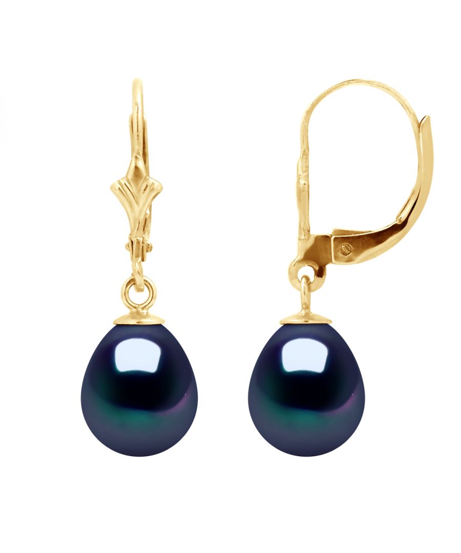 Earrings of Gold 750 and true Cultured Freshwater Pearls Pear Shape 8-9 mm , 0,31 in - Black Color Tahitian Style break system - Our jewellery is made in France and will be delivered in a gift box accompanied by a Certificate of Authenticity and International Warranty