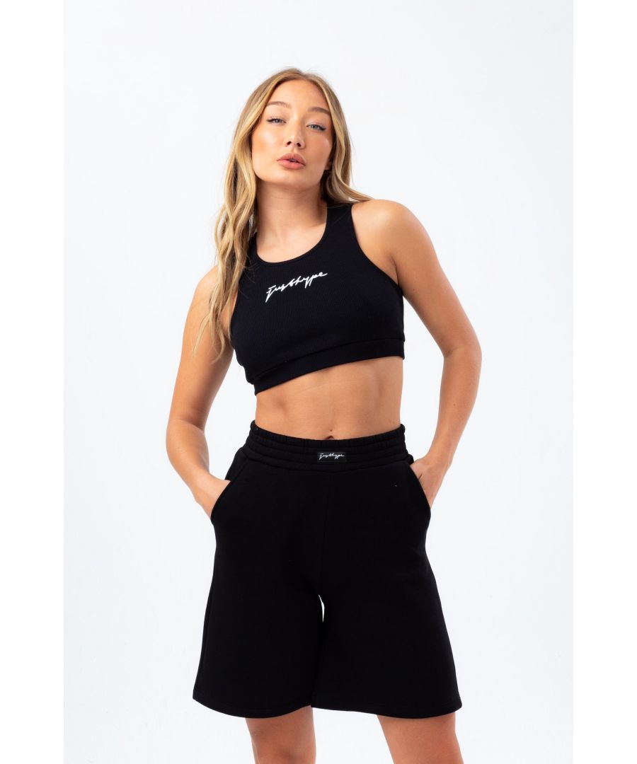 Meet the HYPE. Women’s Black Ribbed Scribble Bralet, ribbed for your pleasure. Boasting a cotton elastane blend in a black ribbed fabric and featuring the embroidered HYPE. scribble logo in a contrasting white script. Wear with matching leggings or on-trend cycle shorts and over-sized denim jacket for an off-duty casual look. Machine wash at 30 degrees.