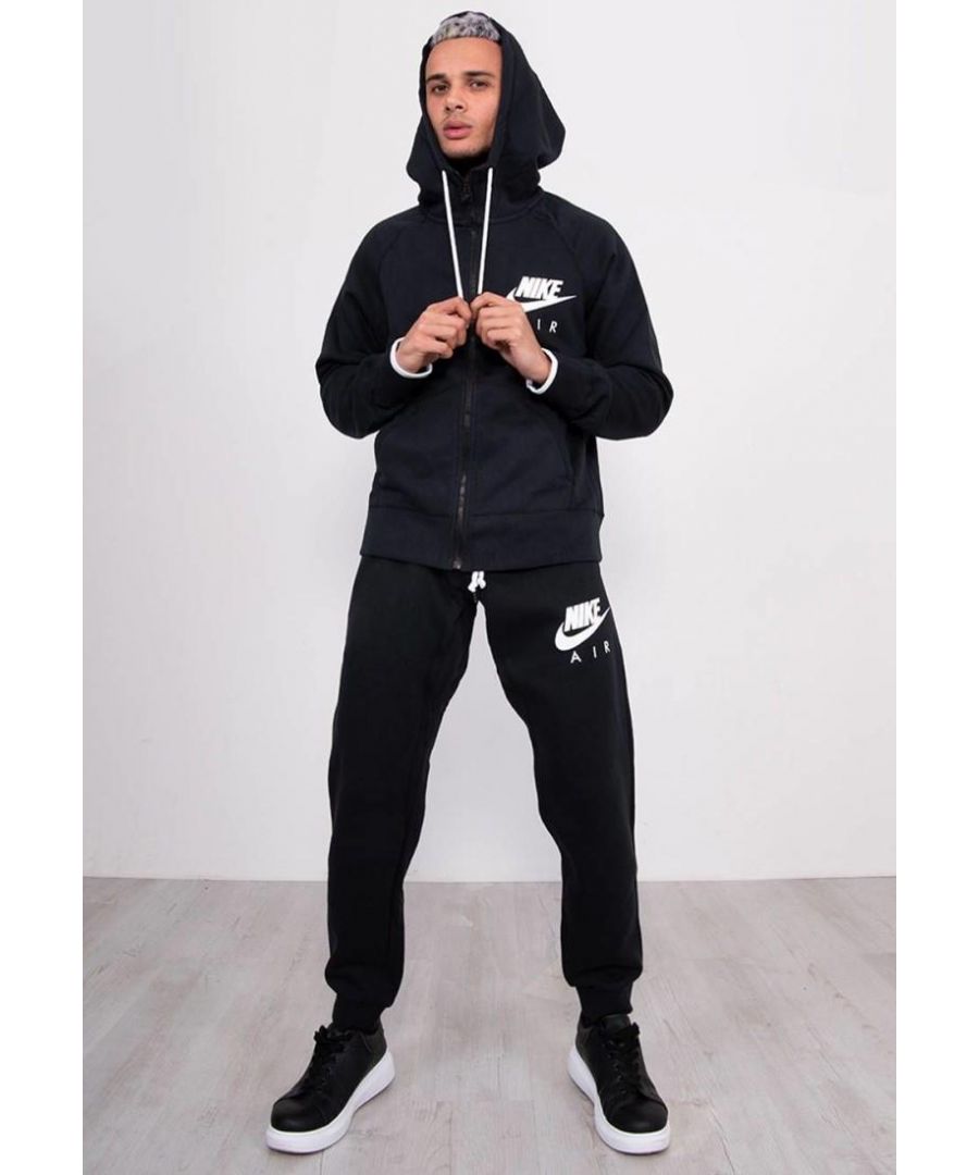 Nike Air Mens Black Full Tracksuit.      \nRich Poly-cotton Blend Fabric with Fleece Lining.      \nContrast Adjustable Drawstrings Fastening.      \nFull Length Cuffed Raglan Sleeves and Ribbed Hem and Cuffs.    \nElasticated waist and Cuffed Hem Joggers.        \nZip Up Front and Dual Side Pockets Hoodie.      \n2 Side and Single Back Pocket Joggers.      \nNike Signature Branding Print on both Hoodie and Joggers.