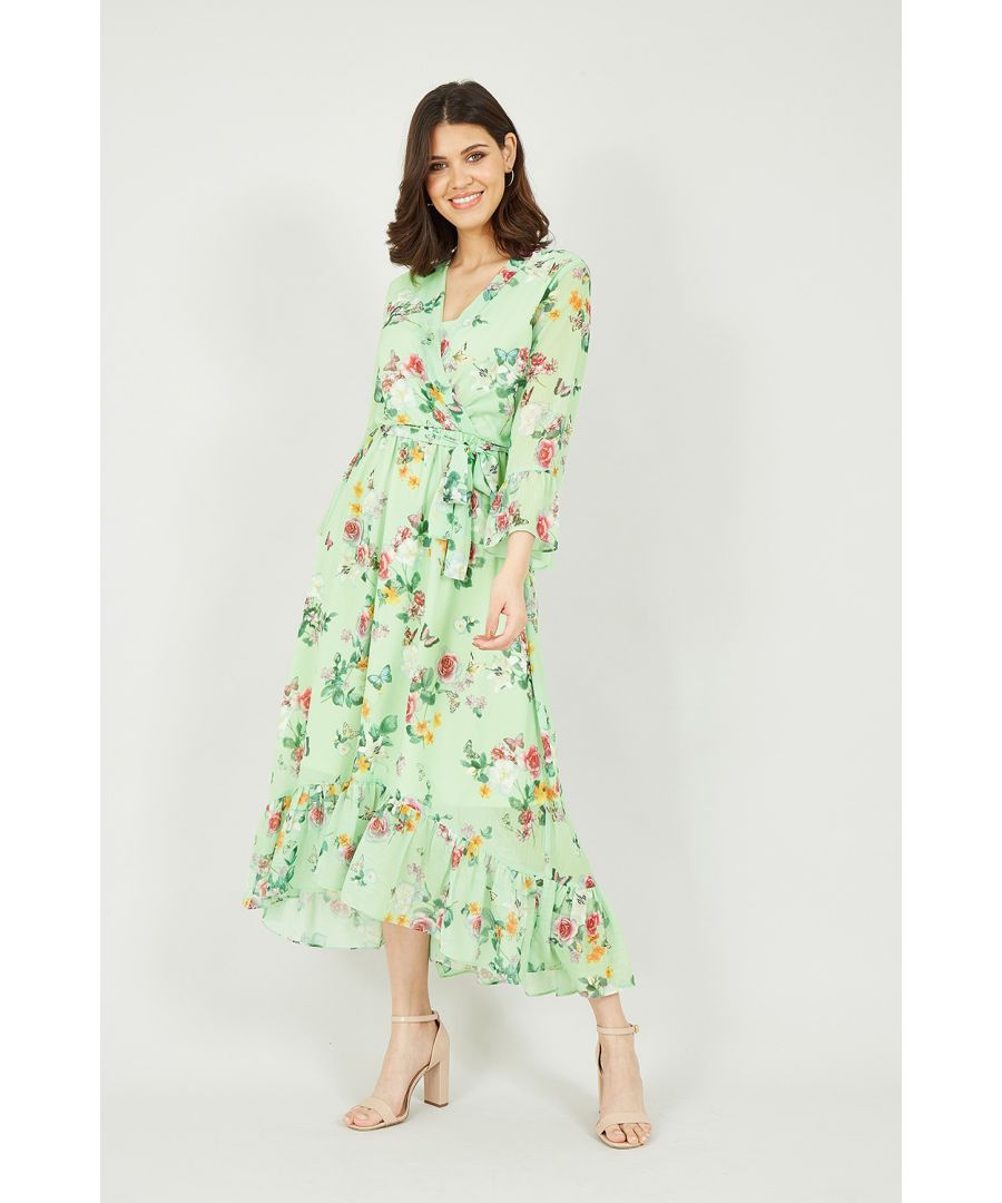Made for all occasions, this belted Sage Floral Wrap High Low dress ticks all the right style boxes. Dressed up or down, this feminine and fluttery dress always sets a stylish tone. It features a V-neckline, and a belt to ensure you always feel elegant and elevated. Pair this dress with a clutch bag, a wide brimmed hat and a pair of sandals, want to dress it up? Add a pair of sandal heels.