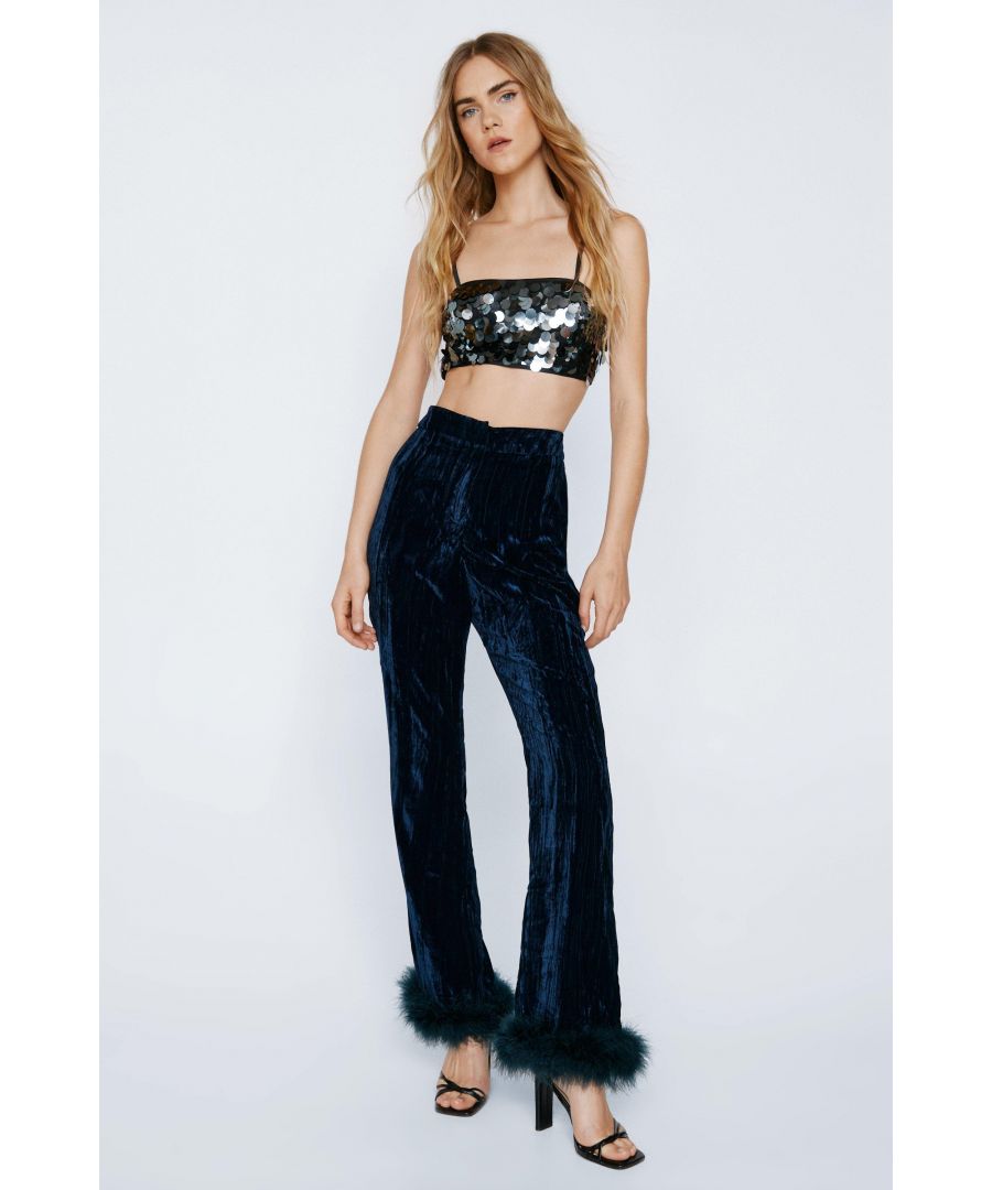 NastyGal Womens Premium Velvet Flares With Feather Trims - Navy - Size 6 Regular