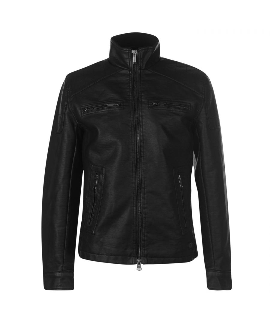 <strong> Firetrap PU Jacket Mens</strong><br><br> \nThe Mens Firetrap PU Jacket offers a simple but stylish look with tonal stitched panels to the shoulders along with a full zip fastening front for a comfortable fit, four zip fastening pockets and the Firetrap branding complete the look. \n\n<br><br>> Mens jacket \n<br>> Full zip fastening front \n<br>> Zip expanders to the wrist cuffs \n<br>> Four external zip fastening pockets \n<br>> Open inner pocket \n<br>> Tonal stitched detail to the shoulders \n<br>> Face: polyurethane base, 88% polyester, 8% cotton, 4% viscose\n<br>> Backing: 100% polyester\n<br>> Body lining: 82% polyester, 18% cotton\n<br>> Sleeve lining: 100% polyester \n<br>> Machine washable