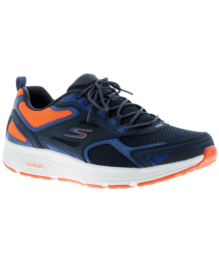 Skechers Go Run Consistent Vestige Mens Trainers Navy/Orange. Fabric Upper. Fabric Lining. Synthetic Sole. Mens Gentlemans Sports Running Trainers Casual Comfort Tie Up.