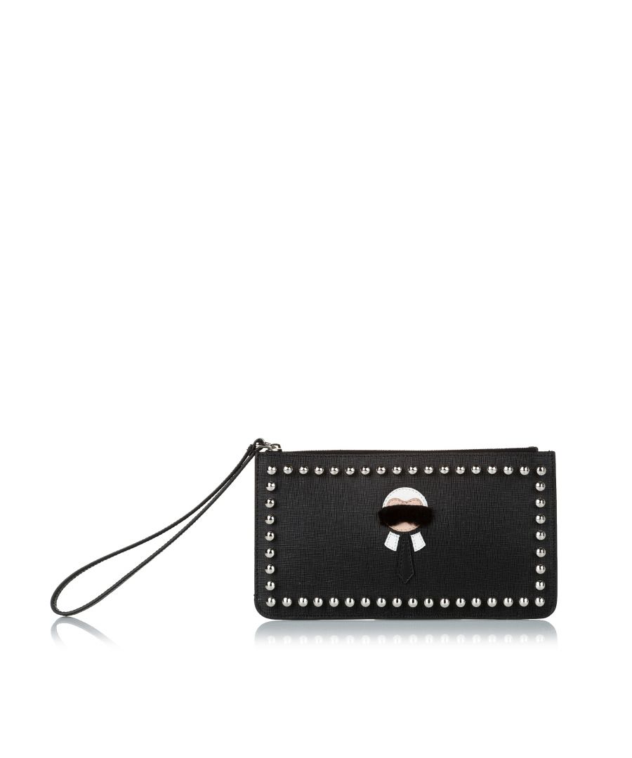 VINTAGE. RRP AS NEW. The Karlito clutch bag features a leather body, a flat wrist handle, and a top zip closure.\n\nDimensions:\nLength 11cm\nWidth 20cm\nDepth 1cm\nHand Drop 16cm\n\nOriginal Accessories: Dust Bag\n\nColor: Black\nMaterial: Leather x Calf\nCountry of Origin: Italy\nBoutique Reference: SSU160042K1342\n\n\nProduct Rating: VeryGoodCondition\n\nCertificate of Authenticity is available upon request with no extra fee required. Please contact our customer service team.