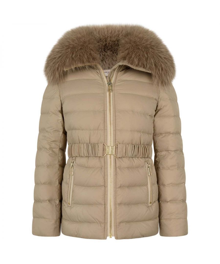 Yves Salomon Girls Beige Down Padded Coat with Fur Trim - Size 4-6Y