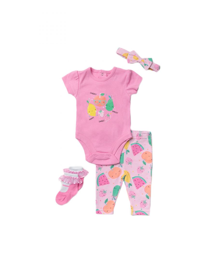 This Lily and Jack four-piece set features a fruity design. The set includes a bodysuit with adorable fruit characters, a pair of fruit-themed leggings, a fruity headband with a bow, and frilled socks to match. Each item in the set is cotton with popper fastenings, keeping your little one comfortable. This set would make the perfect baby shower gift or new addition to your little one’s wardrobe.