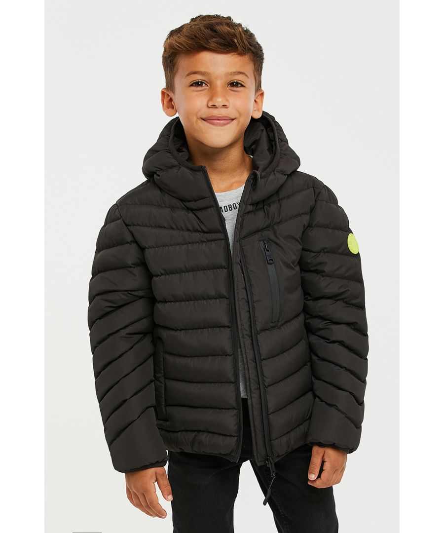 This lightweight padded jacket from Threadboys features zip fastening, an elasticated hood, and two side pockets. The jacket also has an additional zip-up pocket on the chest and branded badge on the sleeve. Perfect for keeping warm and dry this back-to-school season. Other colours and styles are also available.
