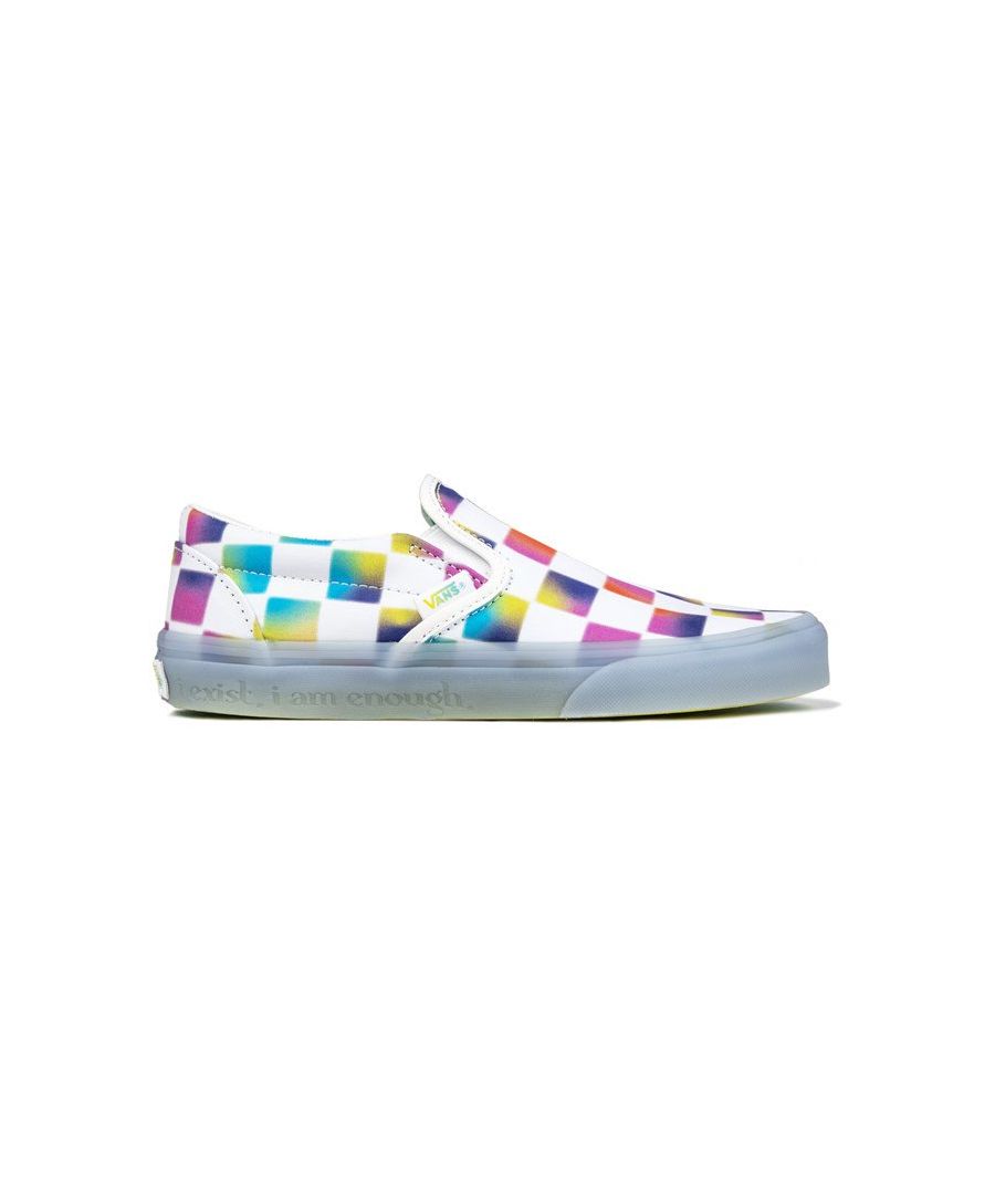 Womens white Vans classic slip on trainers, manufactured with canvas and a rubber sole. Featuring: cultivate care collection, canvas lining and sock, vulcanized outsole and multi print check detail.