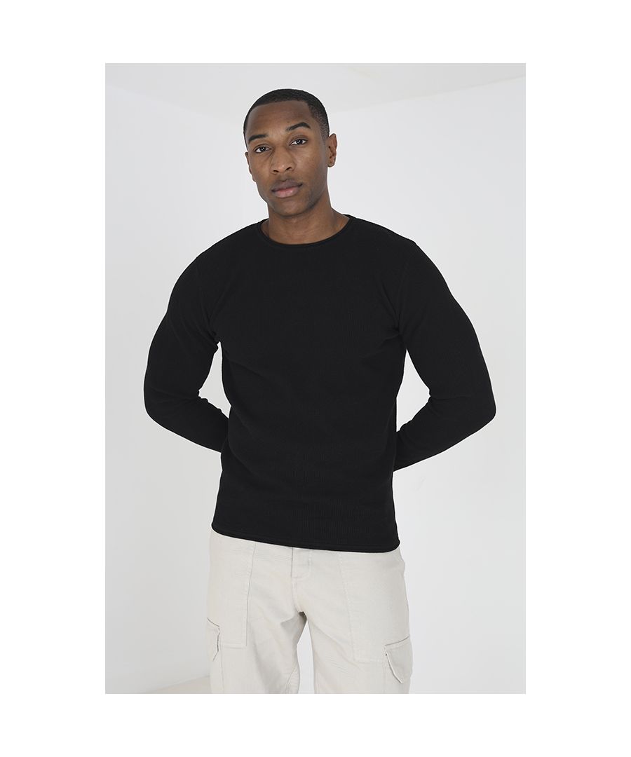 Brave Soul Mens Black 'Dekins' Lightweight Ribbed Jumper Cotton - Size 2XL